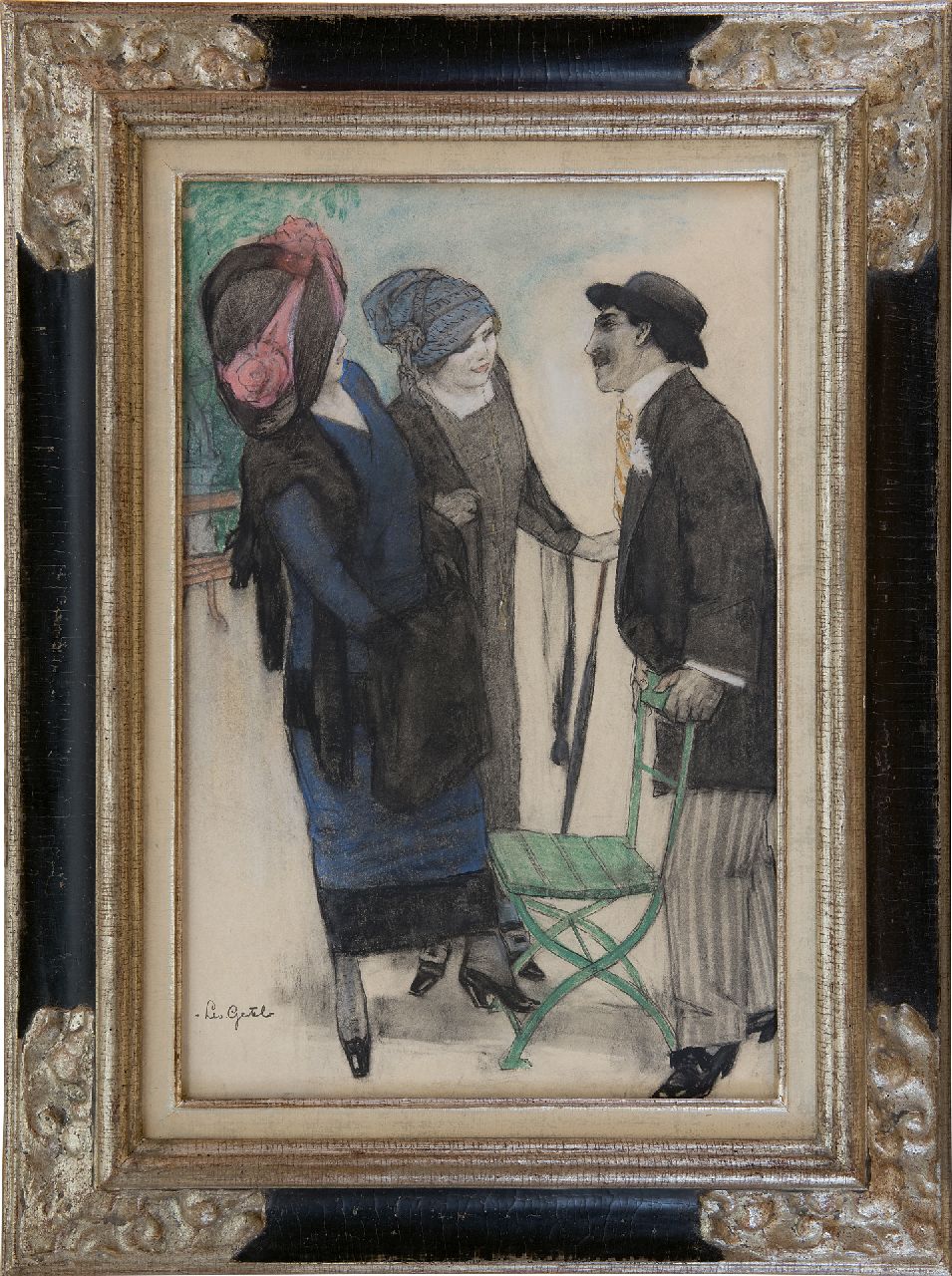 Gestel L.  | Leendert 'Leo' Gestel | Aquarellen en tekeningen te koop aangeboden | Praatje in het park, Parijs, houtskool en pastel op papier 50,1 x 33,4 cm, gesigneerd linksonder en te dateren ca. 1910