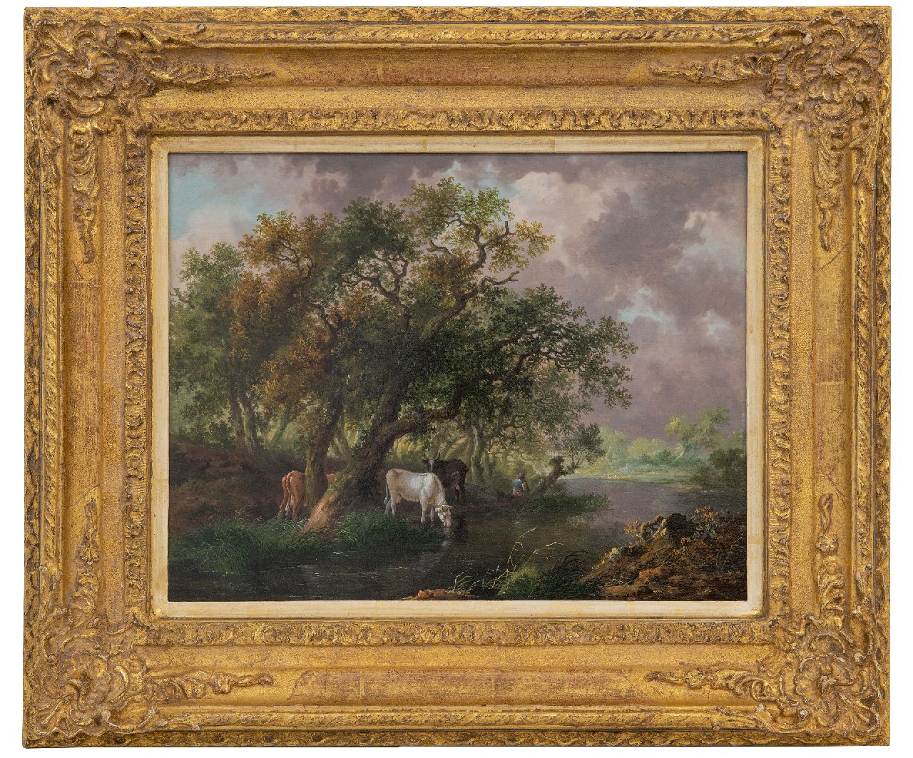 Renard F.T.  | Fredericus Theodorus Renard | Schilderijen te koop aangeboden | Drinkend vee bij een rivier, olieverf op paneel 26,5 x 34,3 cm, gesigneerd (onduidelijk) verso op etiket en te dateren ca. 1815, zonder lijst