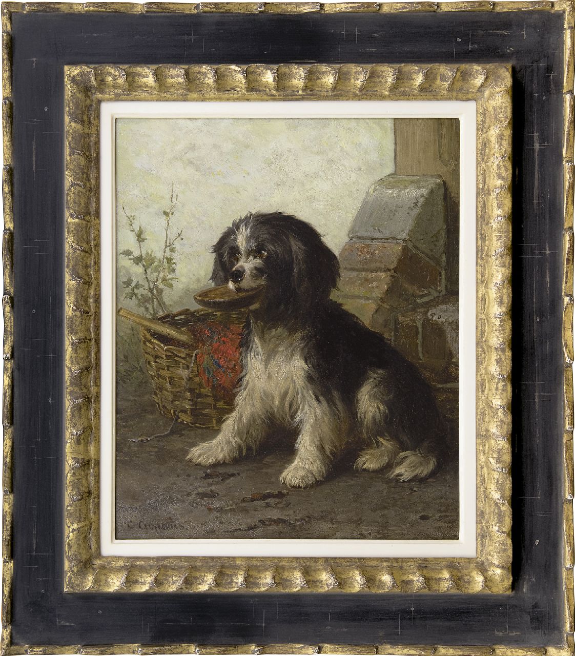 Cunaeus C. | Conradijn Cunaeus, Schapendoes bij de mand, olieverf op paneel 34,2 x 28,5 cm, gesigneerd linksonder Cunaeus C. | Conradijn Cunaeus, Schapendoes bij de mand, olieverf op paneel 34,2 x 28,5 cm, gesigneerd linksonder