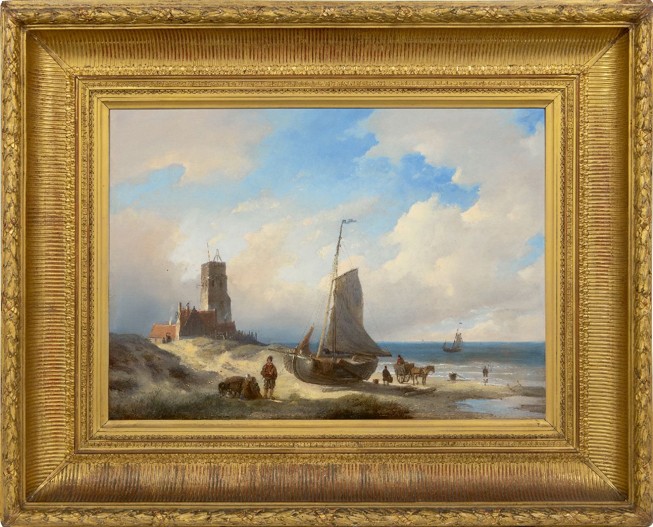 Spohler J.J.  | Jan Jacob Spohler, Strandgezicht bij vuurbaak bij Katwijk, olieverf op paneel 46,8 x 64,9 cm, gesigneerd linksonder