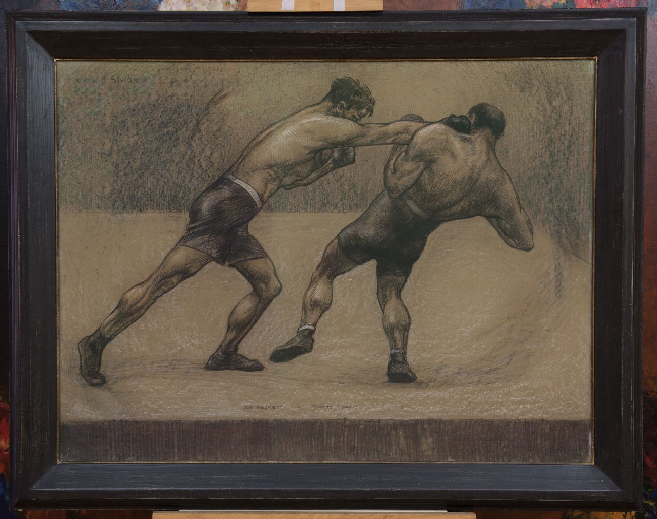 Sluiter J.W. | Jan Willem 'Willy' Sluiter, De bokswedstrijd van Joe Beckett tegen Tommy Burns, Londen 1920, houtskool en pastel op papier op karton 74,3 x 99,0 cm, gesigneerd rechts van het midden en gedateerd 'London 1920' Sluiter J.W. | Jan Willem 'Willy' Sluiter, De bokswedstrijd van Joe Beckett tegen Tommy Burns, Londen 1920, houtskool en pastel op papier op karton 74,3 x 99,0 cm, gesigneerd rechts van het midden en gedateerd 'London 1920'