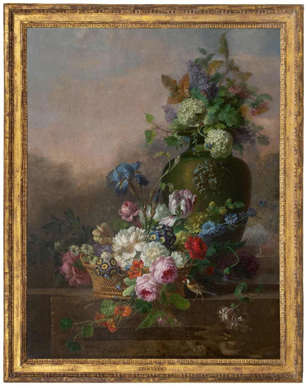 Leen W. van | Willem van Leen, Bloemstilleven met rozen, tulp, iris en andere bloemen, olieverf op doek 116,2 x 90,8 cm, gesigneerd met resten van signatuur Leen W. van | Willem van Leen, Bloemstilleven met rozen, tulp, iris en andere bloemen, olieverf op doek 116,2 x 90,8 cm, gesigneerd met resten van signatuur
