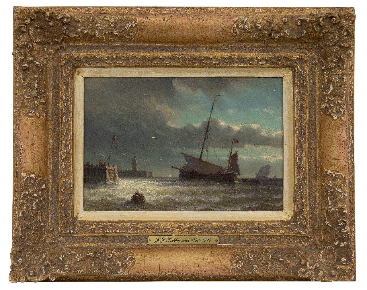 Hoffmann G.J. | Georges Johannes Hoffmann | Schilderijen te koop aangeboden | Vissersschip voor een haveningang, olieverf op paneel 12,9 x 18,6 cm Hoffmann G.J. | Georges Johannes Hoffmann | Schilderijen te koop aangeboden | Vissersschip voor een haveningang, olieverf op paneel 12,9 x 18,6 cm