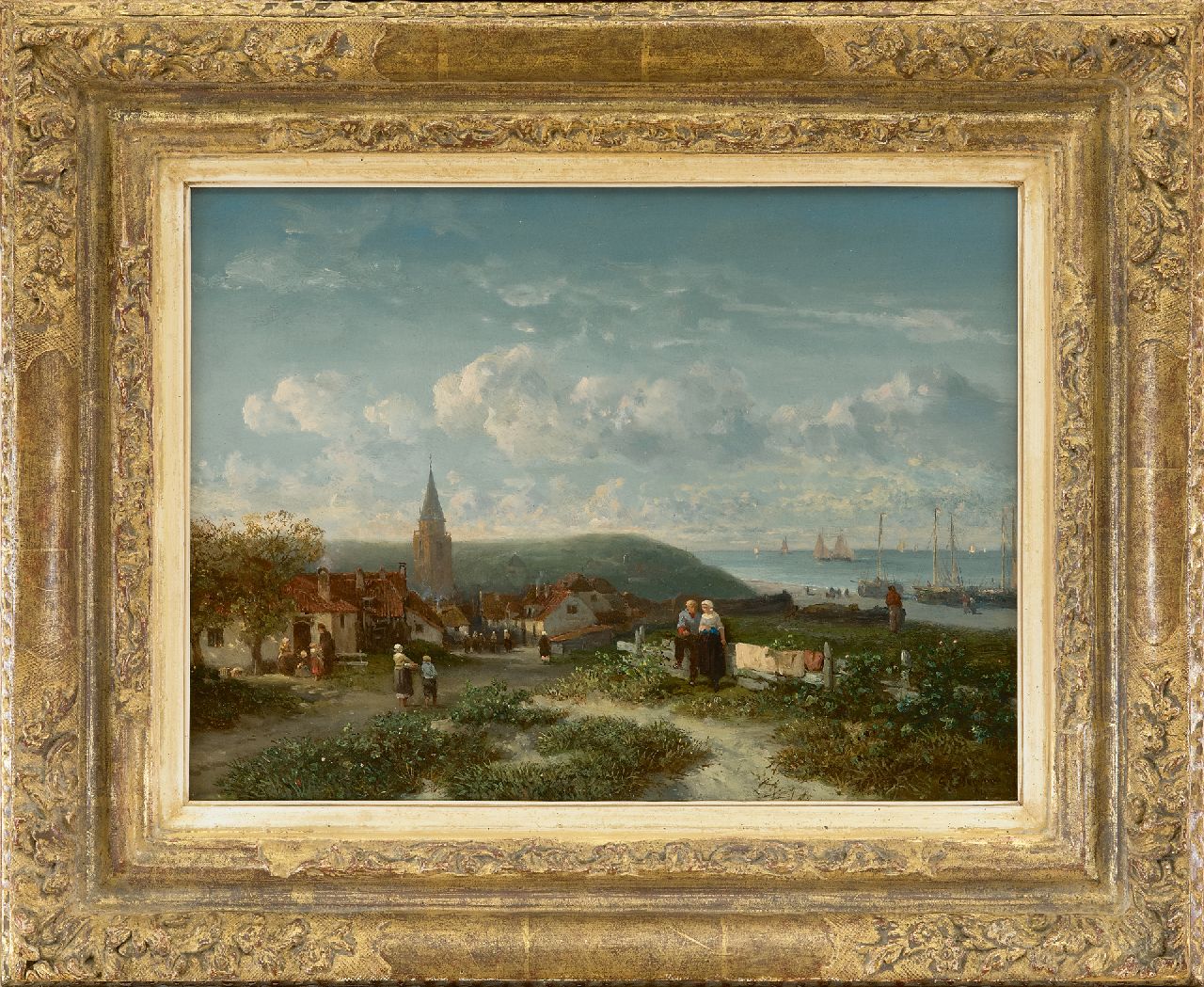 Verveer S.L.  | 'Salomon' Leonardus Verveer | Schilderijen te koop aangeboden | Panoramisch gezicht op het vissersdorp Scheveningen en het strand, olieverf op paneel 24,1 x 33,7 cm, gesigneerd rechtsonder en gedateerd '64