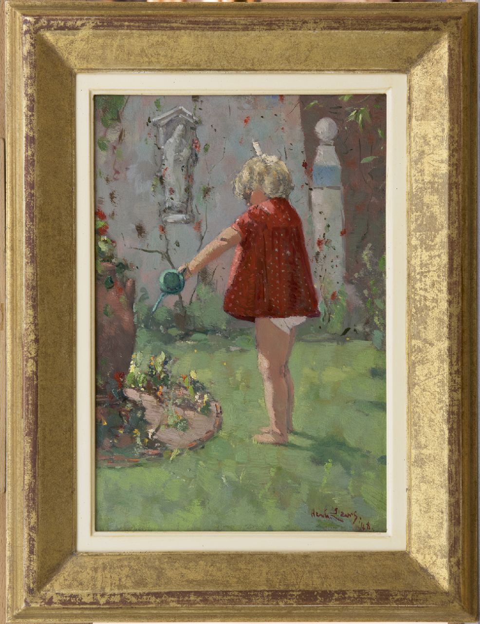 Leurs H.J. | Hendrik Johannes 'Henk' Leurs | Schilderijen te koop aangeboden | Bloemen water geven, olieverf op paneel 31,8 x 21,4 cm, gesigneerd rechtsonder en gedateerd '48 Leurs H.J. | Hendrik Johannes 'Henk' Leurs | Schilderijen te koop aangeboden | Bloemen water geven, olieverf op paneel 31,8 x 21,4 cm, gesigneerd rechtsonder en gedateerd '48