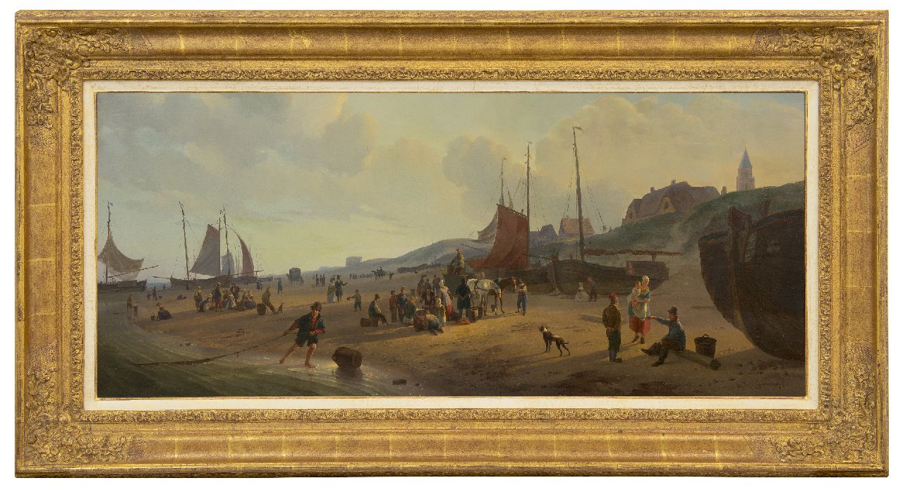 Couwenberg A.J.  | Abraham Johannes Couwenberg, Panoramisch strandgezicht bij Scheveningen, olieverf op doek 42,8 x 99,8 cm, gesigneerd rechtsonder