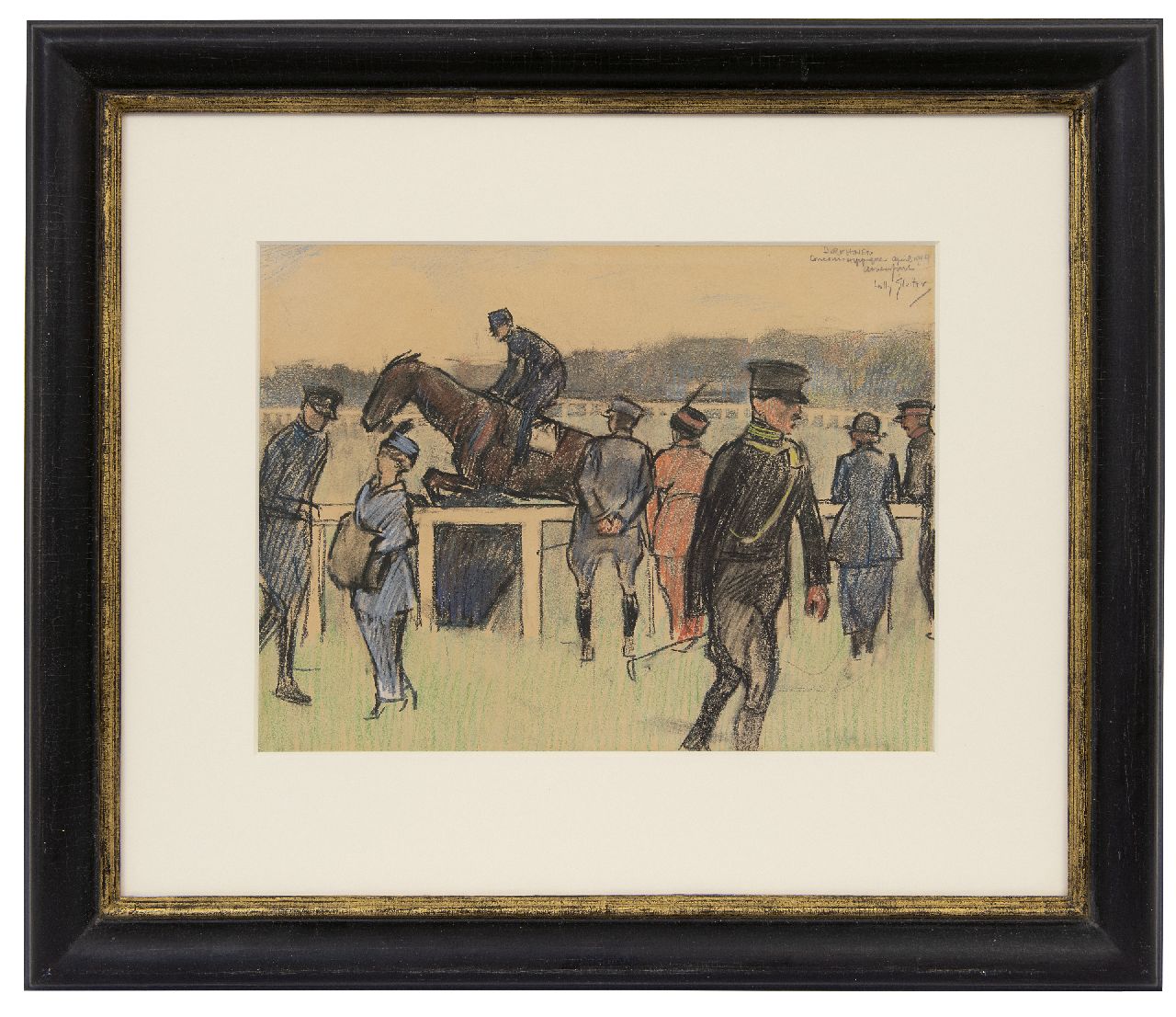 Sluiter J.W.  | Jan Willem 'Willy' Sluiter | Aquarellen en tekeningen te koop aangeboden | Concours Hippique op Birkhoven, gekleurd krijt op papier 27,2 x 36,0 cm, gesigneerd rechtsboven en gedateerd 'april 1910 Amersfoort'