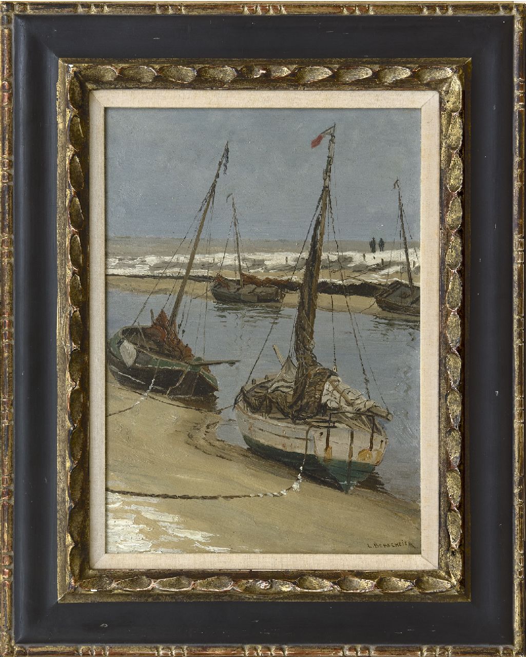 Berkemeier L.G.J. | 'Ludolph' Georg Julius Berkemeier | Schilderijen te koop aangeboden | De Uitwatering in Katwijk aan Zee bij eb, olieverf op paneel 35,5 x 25,1 cm, gesigneerd rechtsonder Berkemeier L.G.J. | 'Ludolph' Georg Julius Berkemeier | Schilderijen te koop aangeboden | De Uitwatering in Katwijk aan Zee bij eb, olieverf op paneel 35,5 x 25,1 cm, gesigneerd rechtsonder