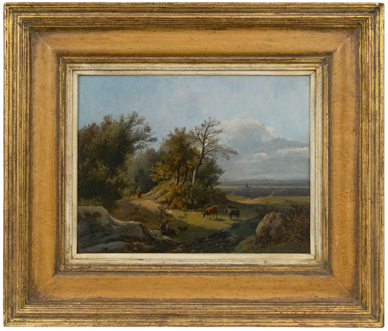 Haan F.A. de | Franciscus Antonius de Haan, Herder met vee in zonnig heuvellandschap, olieverf op paneel 21,2 x 26,9 cm, gesigneerd linksonder en gedateerd 1850 Haan F.A. de | Franciscus Antonius de Haan, Herder met vee in zonnig heuvellandschap, olieverf op paneel 21,2 x 26,9 cm, gesigneerd linksonder en gedateerd 1850