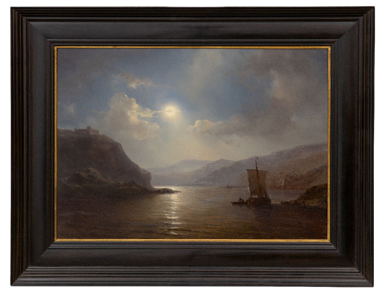 Meijer J.H.L. | Johan Hendrik 'Louis' Meijer, Rivier met afgemeerd schip bij maanlicht, olieverf op paneel 30,0 x 41,4 cm, gesigneerd rechtsonder Meijer J.H.L. | Johan Hendrik 'Louis' Meijer, Rivier met afgemeerd schip bij maanlicht, olieverf op paneel 30,0 x 41,4 cm, gesigneerd rechtsonder