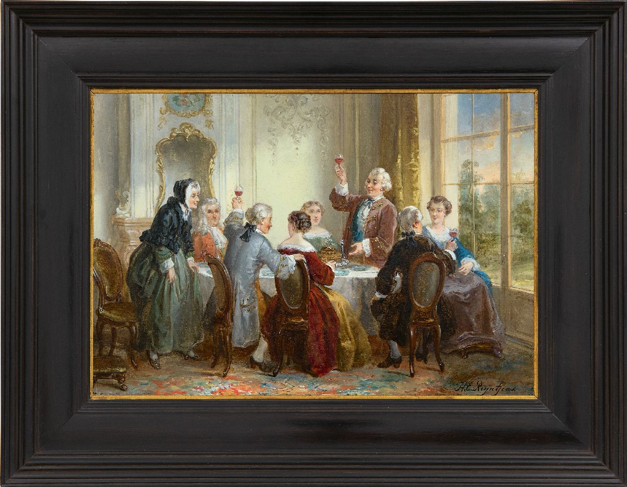 Reijntjens H.E. | Henricus Engelbertus Reijntjens, Het verlovingsdiner, olieverf op paneel 22,9 x 33,5 cm, gesigneerd rechtsonder Reijntjens H.E. | Henricus Engelbertus Reijntjens, Het verlovingsdiner, olieverf op paneel 22,9 x 33,5 cm, gesigneerd rechtsonder