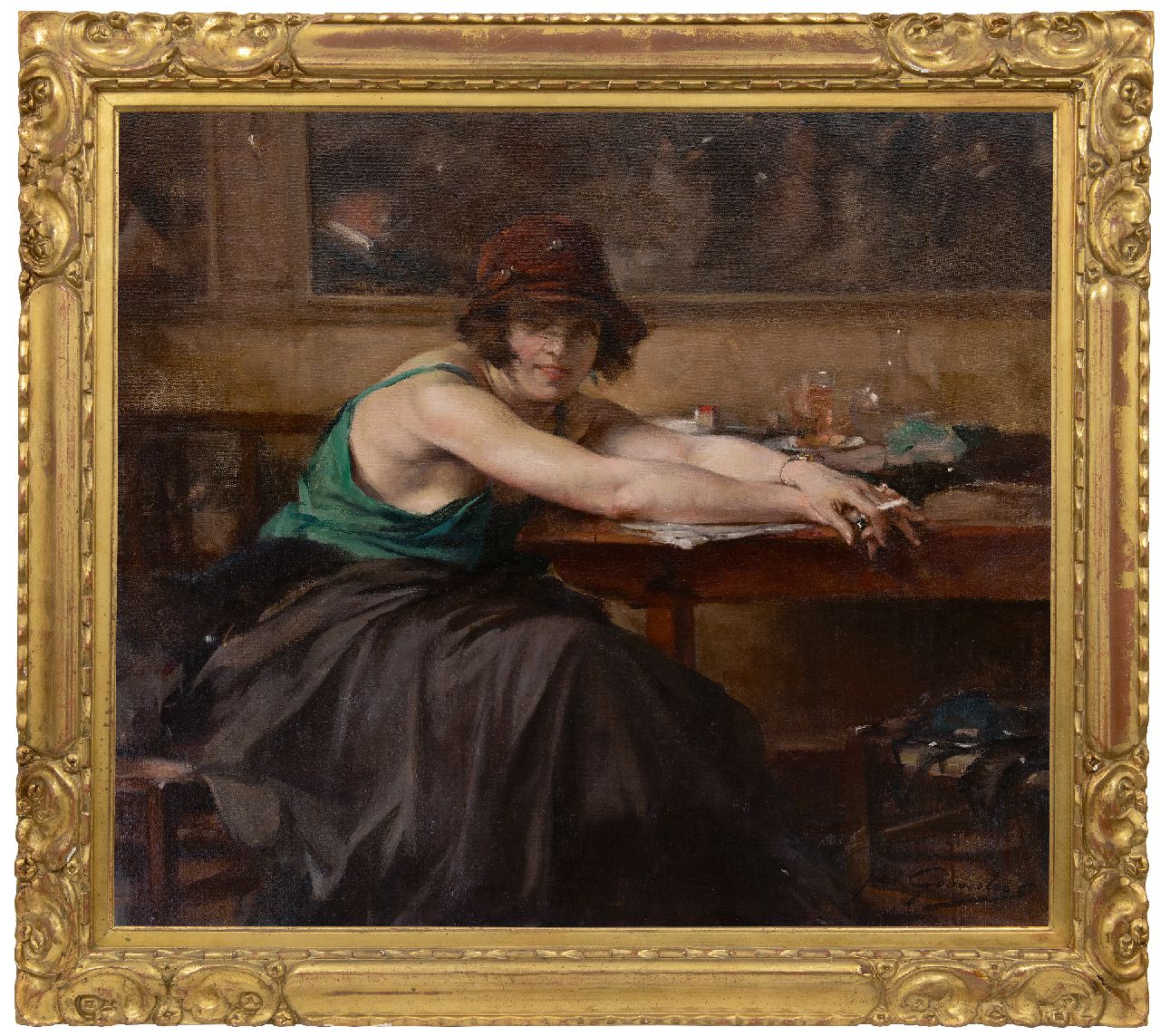 Gouweloos J.L.H. | 'Jean' Léon Henri Gouweloos, Vrouw aan cafétafel, olieverf op doek 70,5 x 80,4 cm, gesigneerd rechtsonder Gouweloos J.L.H. | 'Jean' Léon Henri Gouweloos, Vrouw aan cafétafel, olieverf op doek 70,5 x 80,4 cm, gesigneerd rechtsonder