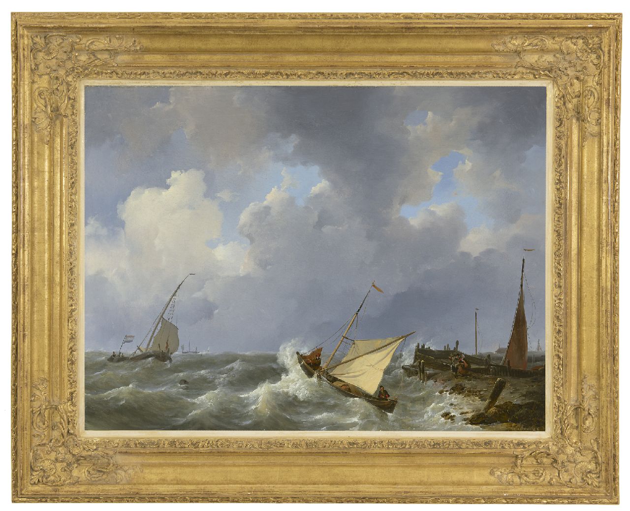 Schotel J.C.  | Johannes Christianus Schotel, Zeilschepen op ruwe zee bij een haveningang, een zeilschip voor anker in de branding, olieverf op doek 55,6 x 73,4 cm, gesigneerd rechtsonder en gedateerd 1825