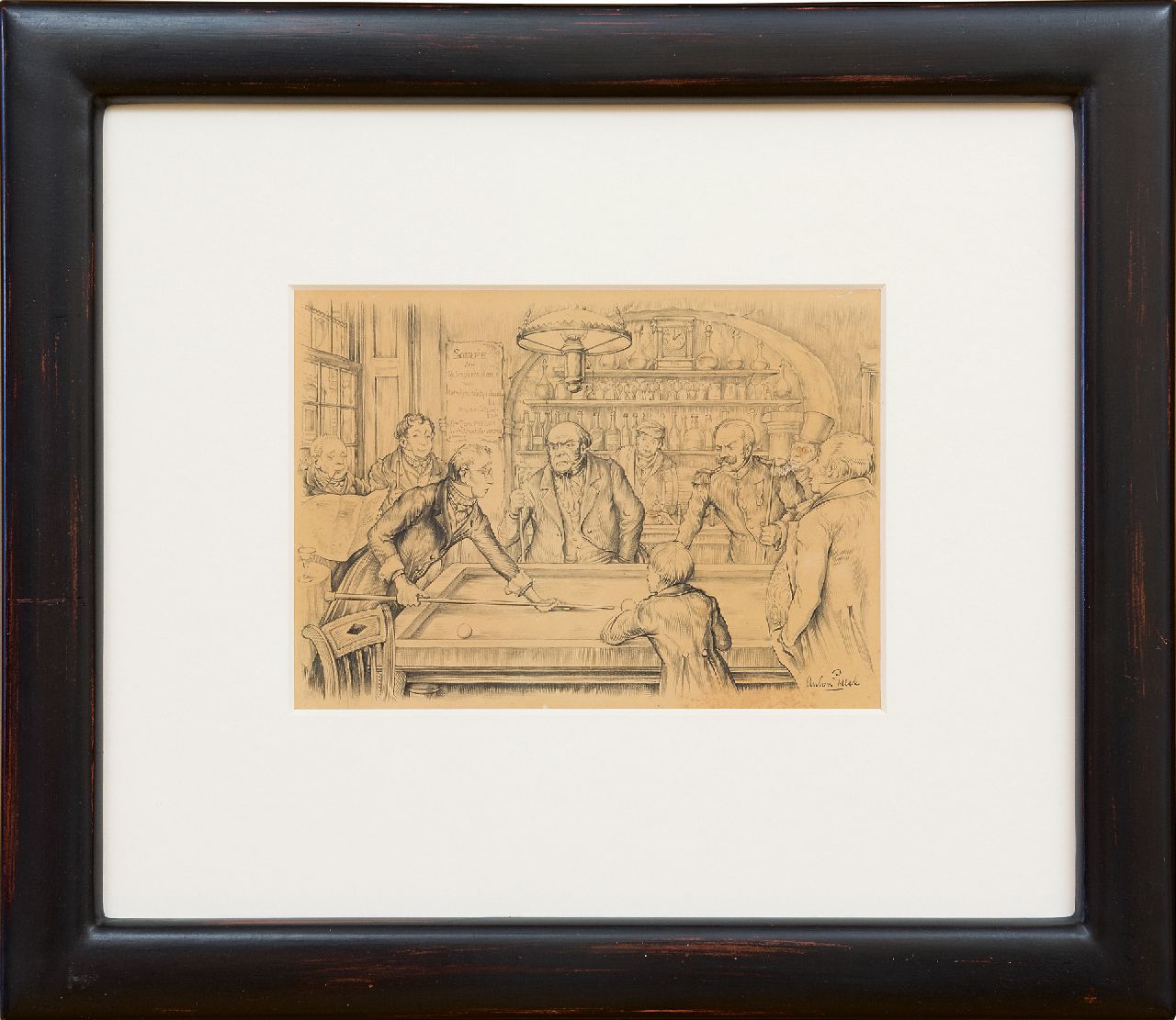 Pieck A.F.  | 'Anton' Franciscus Pieck, Het biljartspel, potlood op papier 15,5 x 22,0 cm, gesigneerd rechtsonder