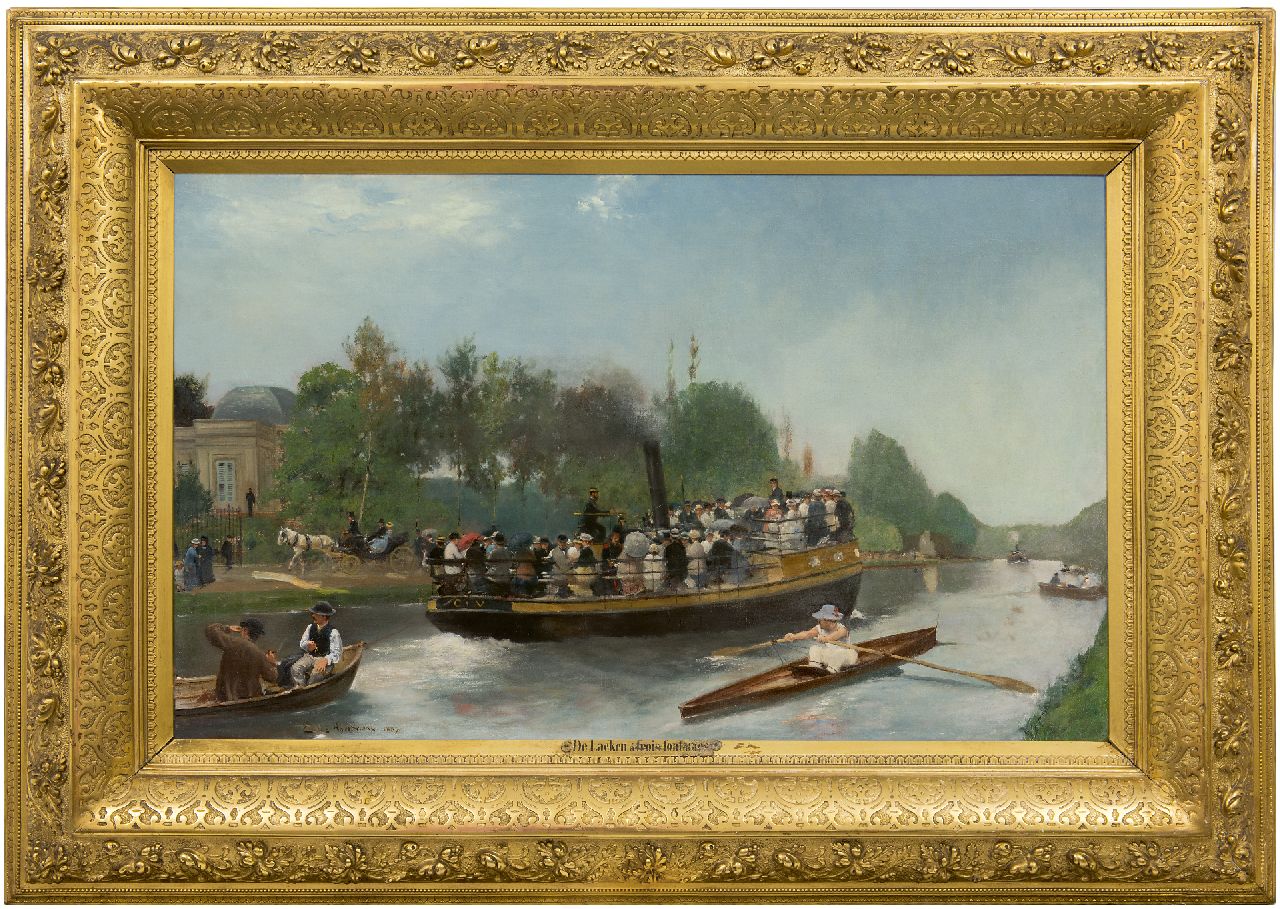 Hoeterickx E. | Emile Hoeterickx | Schilderijen te koop aangeboden | Op het water tussen Laken en park Drie Fonteinen bij Vilvoorde, België, olieverf op doek 52,5 x 85,0 cm, gesigneerd linksonder en gedateerd 1883 Hoeterickx E. | Emile Hoeterickx | Schilderijen te koop aangeboden | Op het water tussen Laken en park Drie Fonteinen bij Vilvoorde, België, olieverf op doek 52,5 x 85,0 cm, gesigneerd linksonder en gedateerd 1883