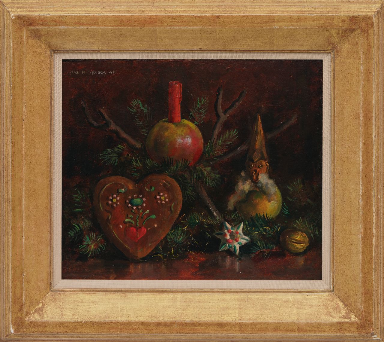 Rimböck M. | Max Rimböck | Schilderijen te koop aangeboden | Kerststilleven, olieverf op schildersboard 29,4 x 35,3 cm, gesigneerd linksboven en gedateerd '49 Rimböck M. | Max Rimböck | Schilderijen te koop aangeboden | Kerststilleven, olieverf op schildersboard 29,4 x 35,3 cm, gesigneerd linksboven en gedateerd '49