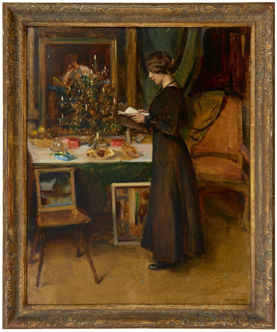 Rimböck M. | Max Rimböck, Jonge vrouw bij een kerstboom, olieverf op schildersboard 63,2 x 51,1 cm, gesigneerd rechtsonder en gedateerd 1918 Rimböck M. | Max Rimböck, Jonge vrouw bij een kerstboom, olieverf op schildersboard 63,2 x 51,1 cm, gesigneerd rechtsonder en gedateerd 1918