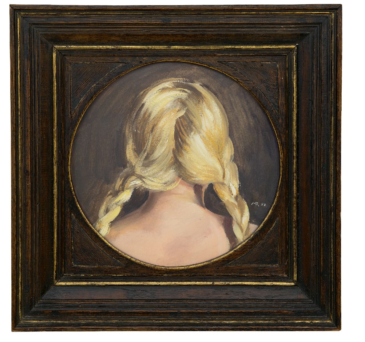 Rimböck M.  | Max Rimböck | Schilderijen te koop aangeboden | Meisje met blonde vlechten, op de rug gezien, olieverf op papier 21,0, gesigneerd rechtsonder met monogram en gedateerd '50