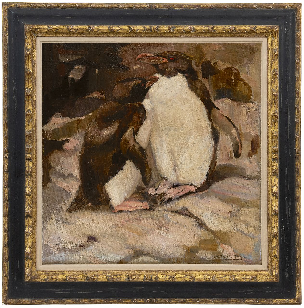Bruigom M.C. | Margaretha Cornelia 'Greta' Bruigom, Pinguïns, olieverf op doek 46,1 x 45,3 cm, gesigneerd rechtsonder en op spieraam Bruigom M.C. | Margaretha Cornelia 'Greta' Bruigom, Pinguïns, olieverf op doek 46,1 x 45,3 cm, gesigneerd rechtsonder en op spieraam