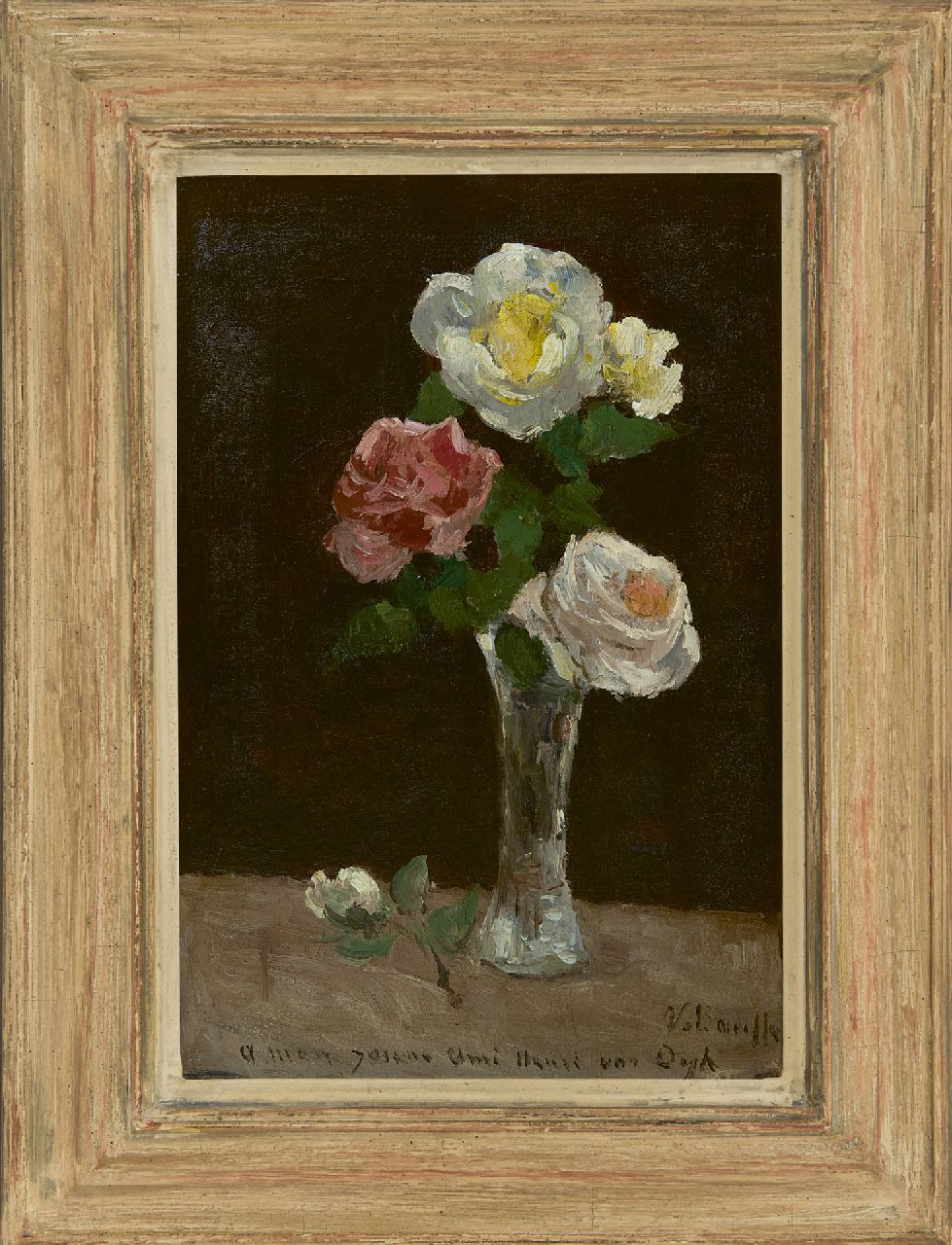 Bauffe V.  | Victor Bauffe | Schilderijen te koop aangeboden | Rozen in kristallen vaasje, olieverf op doek 37,0 x 25,7 cm, gesigneerd rechtsonder