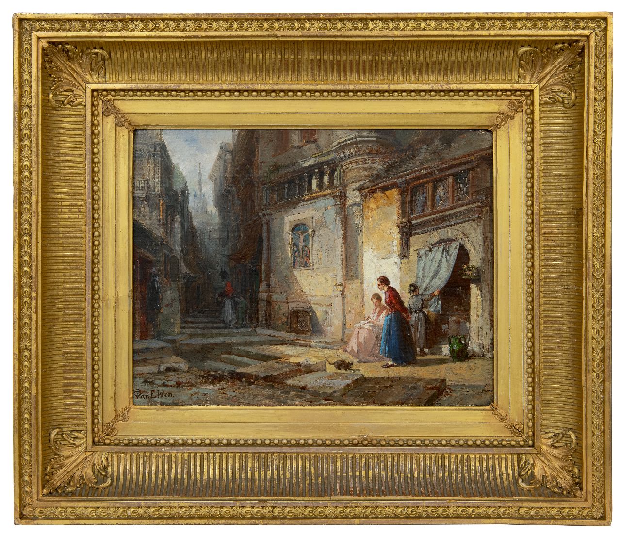 Tetar van Elven P.H.T.  | Petrus Henricus Theodorus 'Pierre' Tetar van Elven | Schilderijen te koop aangeboden | Doorkijkje in oud Milaan met in de verte de Kathedraal, olieverf op doek 24,6 x 32,5 cm, gesigneerd linksonder
