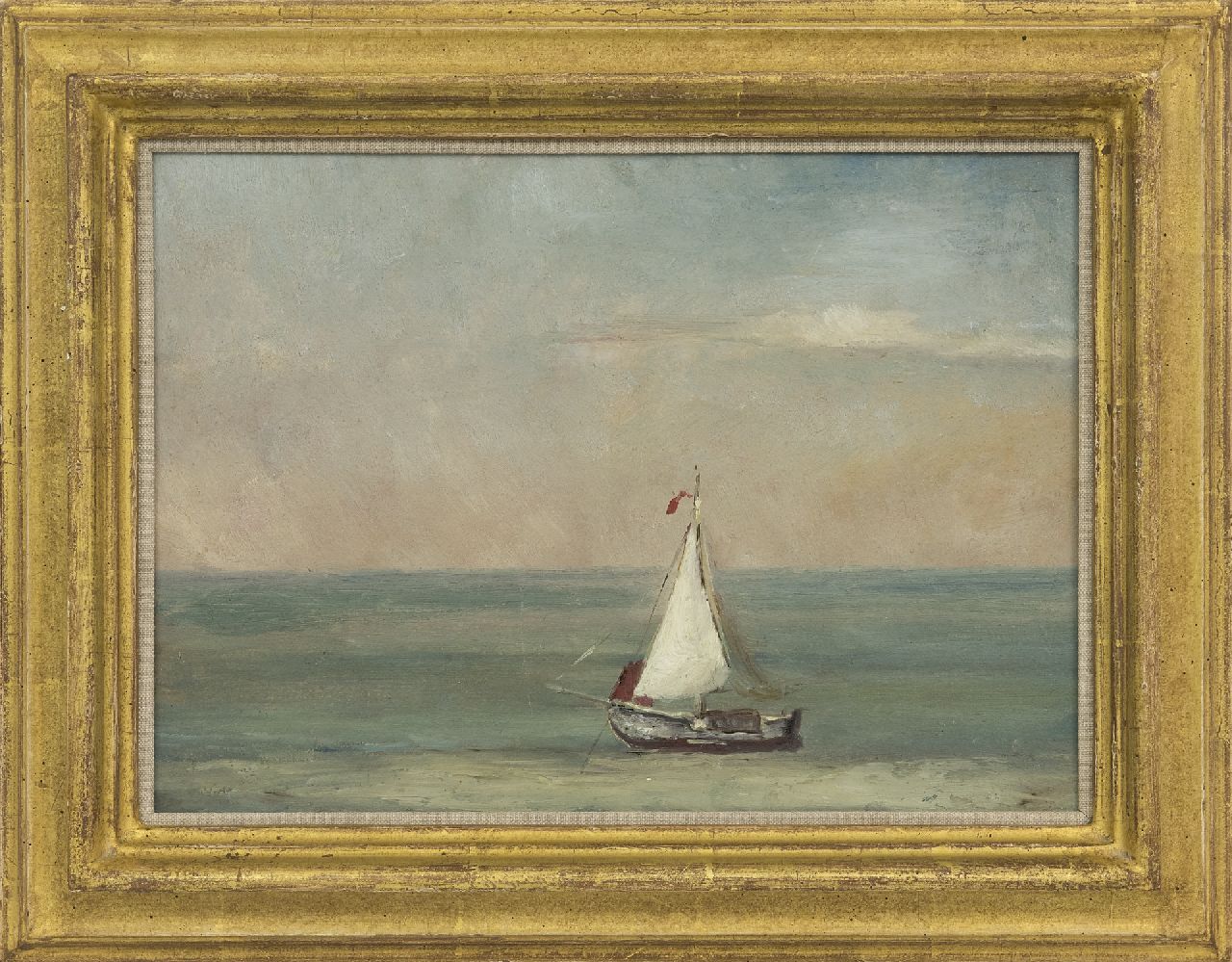 Mesdag H.W. | Hendrik Willem Mesdag, Stille zee met wit zeilscheepje, olieverf op papier op paneel 21,8 x 30,2 cm Mesdag H.W. | Hendrik Willem Mesdag, Stille zee met wit zeilscheepje, olieverf op papier op paneel 21,8 x 30,2 cm