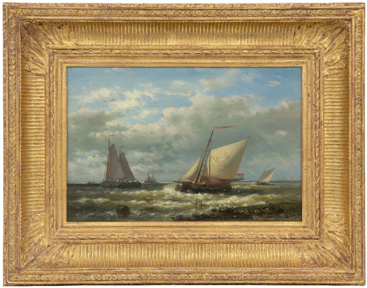 Hulk A.  | Abraham Hulk | Schilderijen te koop aangeboden | Zeilende tjalken op de Zuiderzee, olieverf op paneel 20,2 x 30,7 cm, gesigneerd verso