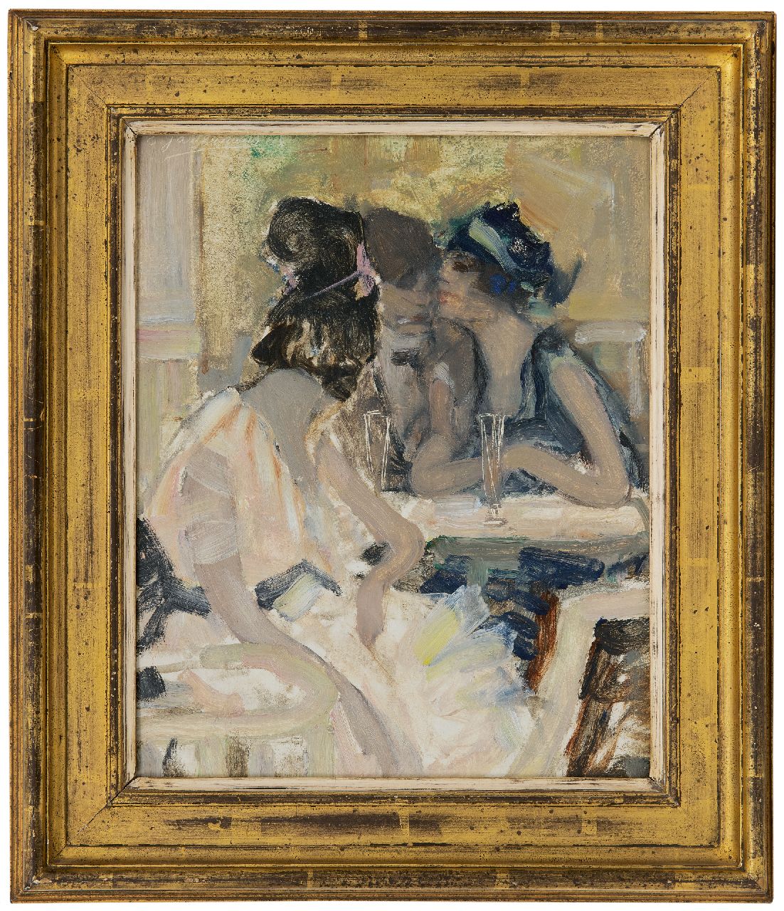 Gastemans E. | Emile Gastemans | Schilderijen te koop aangeboden | Man met drie dames in een café, olieverf op board 28,5 x 22,3 cm, gesigneerd linksboven Gastemans E. | Emile Gastemans | Schilderijen te koop aangeboden | Man met drie dames in een café, olieverf op board 28,5 x 22,3 cm, gesigneerd linksboven