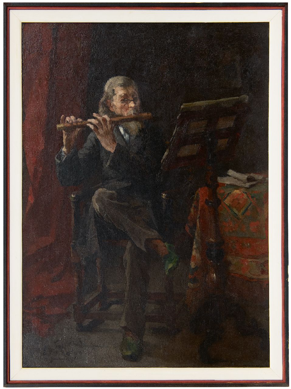 Frankfort E. | Eduard Frankfort | Schilderijen te koop aangeboden | De fluitspeler, olieverf op doek 72,0 x 51,8 cm, gesigneerd linksonder en gedateerd '90 Frankfort E. | Eduard Frankfort | Schilderijen te koop aangeboden | De fluitspeler, olieverf op doek 72,0 x 51,8 cm, gesigneerd linksonder en gedateerd '90