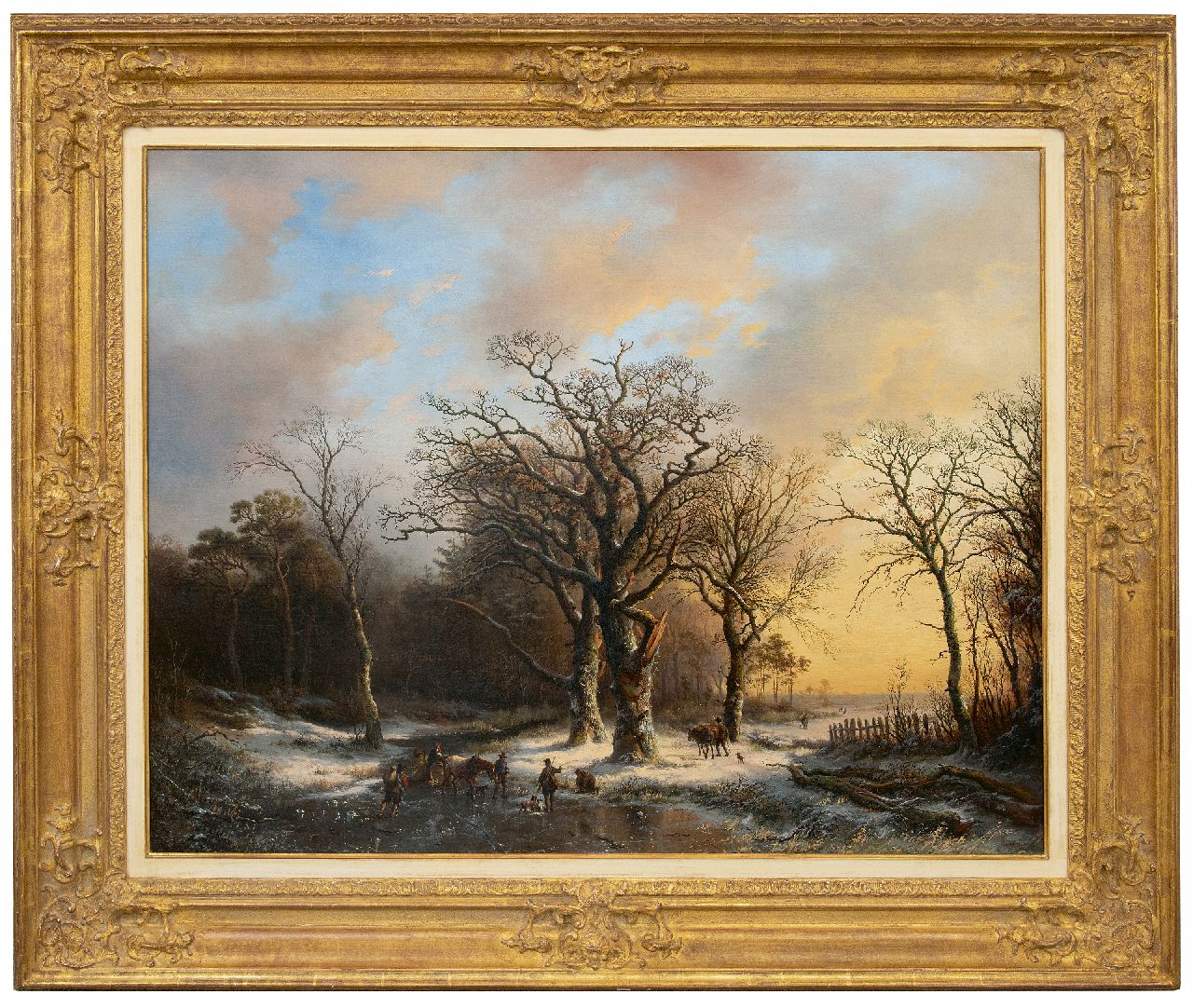 Bodeman W. | Willem Bodeman, Ontmoeting op het ijs bij zonsondergang, olieverf op doek 84,6 x 106,3 cm, gesigneerd rechtsonder 'Bodeman' (landschap) en 'EV' op de ton en te dateren ca. 1846 Bodeman W. | Willem Bodeman, Ontmoeting op het ijs bij zonsondergang, olieverf op doek 84,6 x 106,3 cm, gesigneerd rechtsonder 'Bodeman' (landschap) en 'EV' op de ton en te dateren ca. 1846