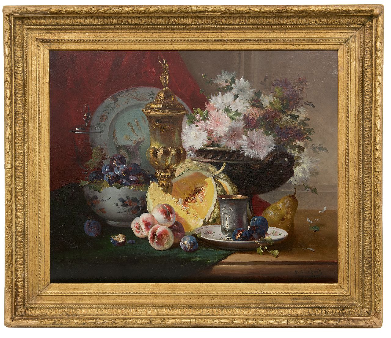 Cauchois E.H. | Eugène-Henri Cauchois | Schilderijen te koop aangeboden | Stilleven met vaatwerk, bloemen en fruit, olieverf op doek 63,4 x 77,3 cm, gesigneerd rechtsonder Cauchois E.H. | Eugène-Henri Cauchois | Schilderijen te koop aangeboden | Stilleven met vaatwerk, bloemen en fruit, olieverf op doek 63,4 x 77,3 cm, gesigneerd rechtsonder