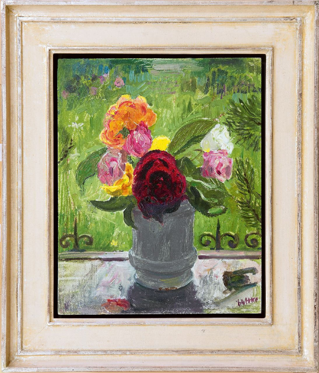 Kamerlingh Onnes H.H.  | 'Harm' Henrick Kamerlingh Onnes, Rozen in de vensterbank, olieverf op paneel 30,5 x 24,6 cm, gesigneerd rechtsonder met monogram en gedateerd '64