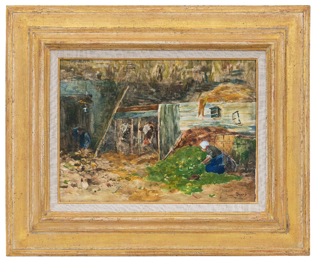Zwart W.H.P.J. de | Wilhelmus Hendrikus Petrus Johannes 'Willem' de Zwart, Koeien voeren op de deel, aquarel op papier 25,3 x 35,0 cm, gesigneerd rechtsonder Zwart W.H.P.J. de | Wilhelmus Hendrikus Petrus Johannes 'Willem' de Zwart, Koeien voeren op de deel, aquarel op papier 25,3 x 35,0 cm, gesigneerd rechtsonder