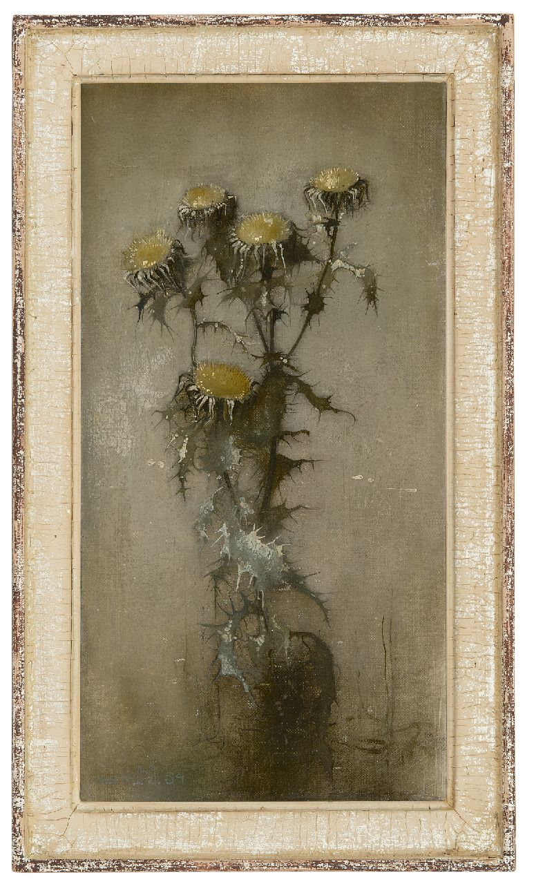 Hoboken J. van | Jacoba 'Jemmy' van Hoboken, Distel, olieverf op doek op paneel 25,8 x 13,1 cm, gesigneerd linksonder (onduidelijk) en gedateerd '34 Hoboken J. van | Jacoba 'Jemmy' van Hoboken, Distel, olieverf op doek op paneel 25,8 x 13,1 cm, gesigneerd linksonder (onduidelijk) en gedateerd '34