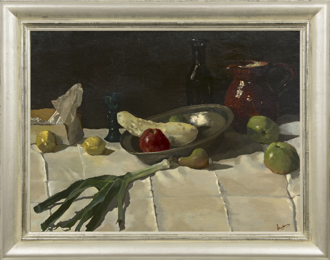 Verkoren L. | Lucas Verkoren, Stilleven met tinnen schaal, olieverf op doek 75,0 x 100,0 cm, gesigneerd rechtsonder Verkoren L. | Lucas Verkoren, Stilleven met tinnen schaal, olieverf op doek 75,0 x 100,0 cm, gesigneerd rechtsonder
