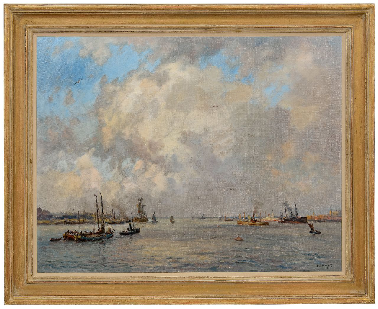Moll E. | Evert Moll | Schilderijen te koop aangeboden | Scheepvaart onder hoge wolkenlucht, olieverf op doek 72,2 x 92,7 cm, gesigneerd rechtsonder Moll E. | Evert Moll | Schilderijen te koop aangeboden | Scheepvaart onder hoge wolkenlucht, olieverf op doek 72,2 x 92,7 cm, gesigneerd rechtsonder