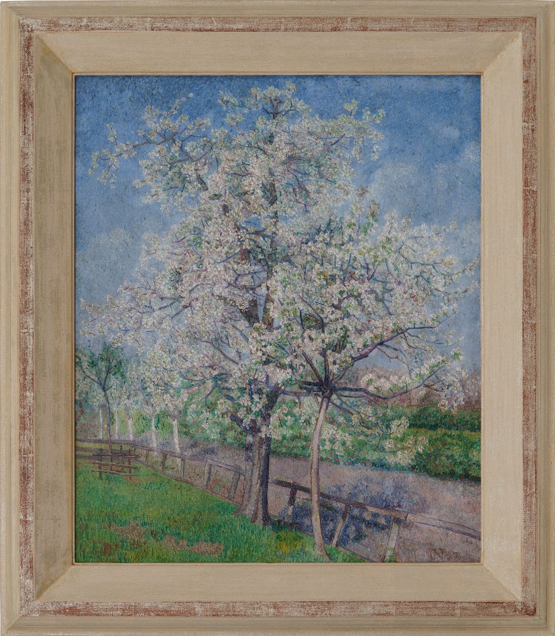 Nieweg J.  | Jakob Nieweg, Bloeiende fruitbomen langs een hek, olieverf op doek 60,0 x 50,1 cm, gesigneerd rechtsonder met monogram en gedateerd '22