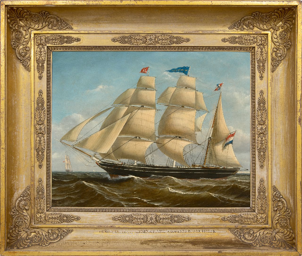 Schiedges P.P.  | Petrus Paulus Schiedges | Schilderijen te koop aangeboden | De bark Burgemeester Van Rheenen, zeilend voor de wind, olieverf op paneel 40,0 x 50,8 cm, gesigneerd linksonder en gedateerd 1858