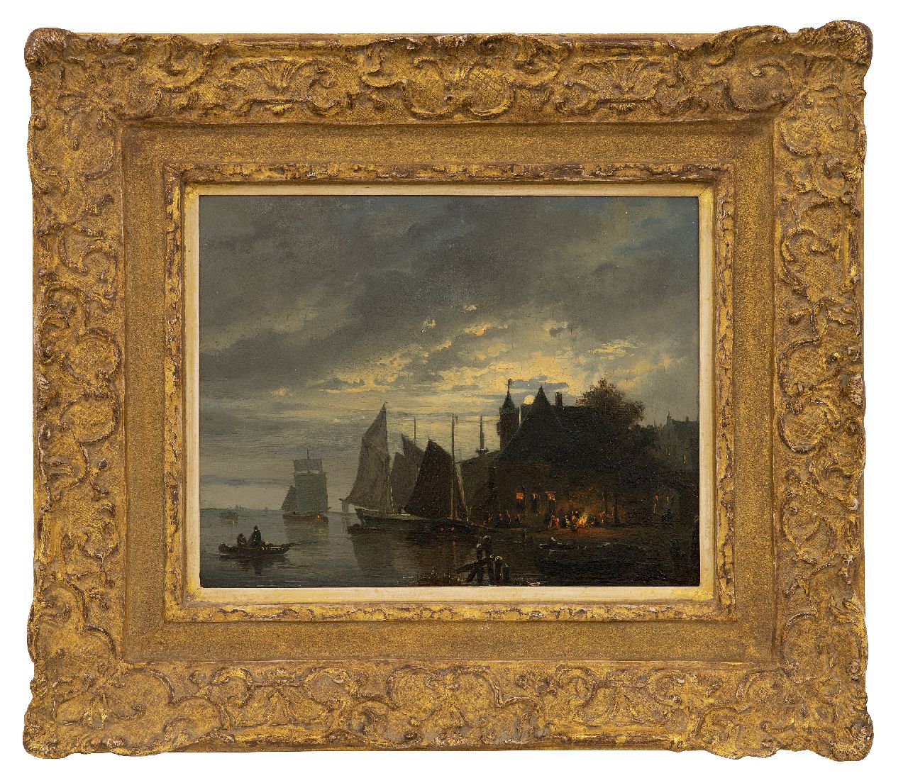 Cate H.G. ten | Hendrik Gerrit ten Cate | Schilderijen te koop aangeboden | Veerstoep en aangemeerde zeilschepen bij maanlicht, olieverf op paneel 25,1 x 32,0 cm, zonder lijst