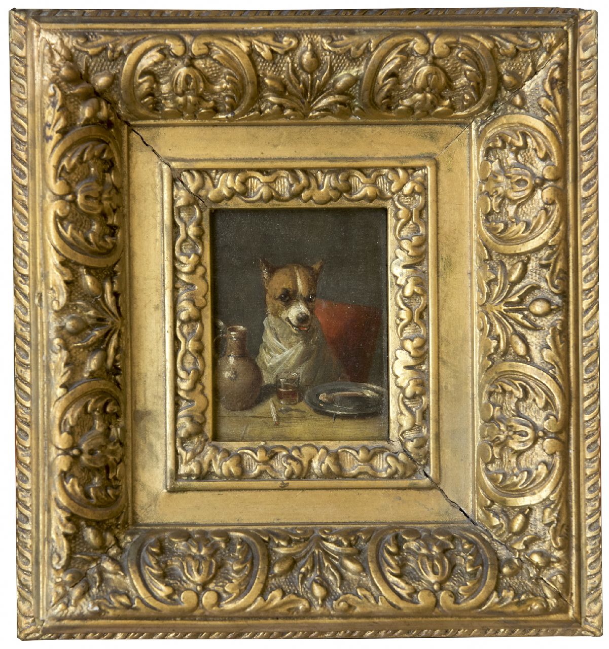 Eycken Ch. van den | Charles van den Eycken, De fijnproever: een hond aan tafel, olieverf op paneel 7,5 x 5,6 cm, gesigneerd linksboven met monogram en gedateerd '77 Eycken Ch. van den | Charles van den Eycken, De fijnproever: een hond aan tafel, olieverf op paneel 7,5 x 5,6 cm, gesigneerd linksboven met monogram en gedateerd '77