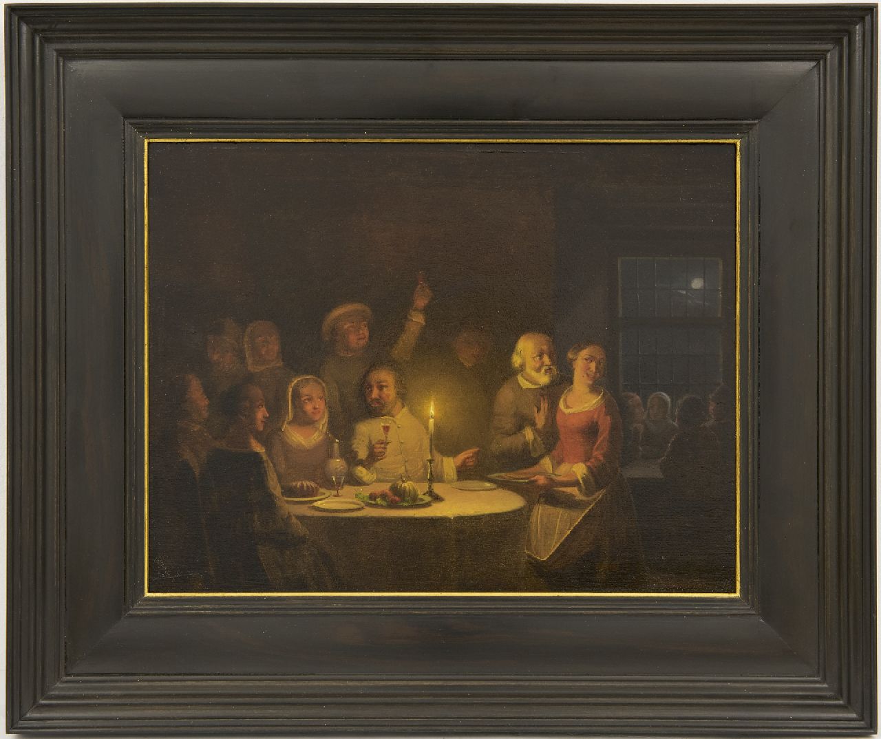 Sjamaar P.G. | Pieter Gerardus Sjamaar | Schilderijen te koop aangeboden | Vrolijk gezelschap bij kaarslicht, olieverf op paneel 21,9 x 28,4 cm, gesigneerd rechtsonder Sjamaar P.G. | Pieter Gerardus Sjamaar | Schilderijen te koop aangeboden | Vrolijk gezelschap bij kaarslicht, olieverf op paneel 21,9 x 28,4 cm, gesigneerd rechtsonder