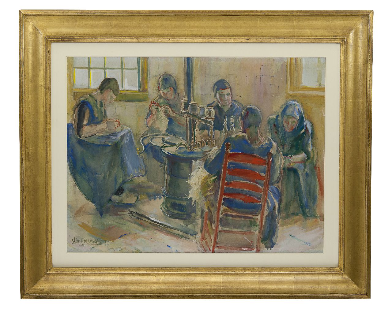 Eelsingh C. | Christiana 'Stien' Eelsingh, Handwerken rond de potkachel, Staphorst, aquarel op papier 41,6 x 57,6 cm, gesigneerd linksonder en gedateerd '47 Eelsingh C. | Christiana 'Stien' Eelsingh, Handwerken rond de potkachel, Staphorst, aquarel op papier 41,6 x 57,6 cm, gesigneerd linksonder en gedateerd '47