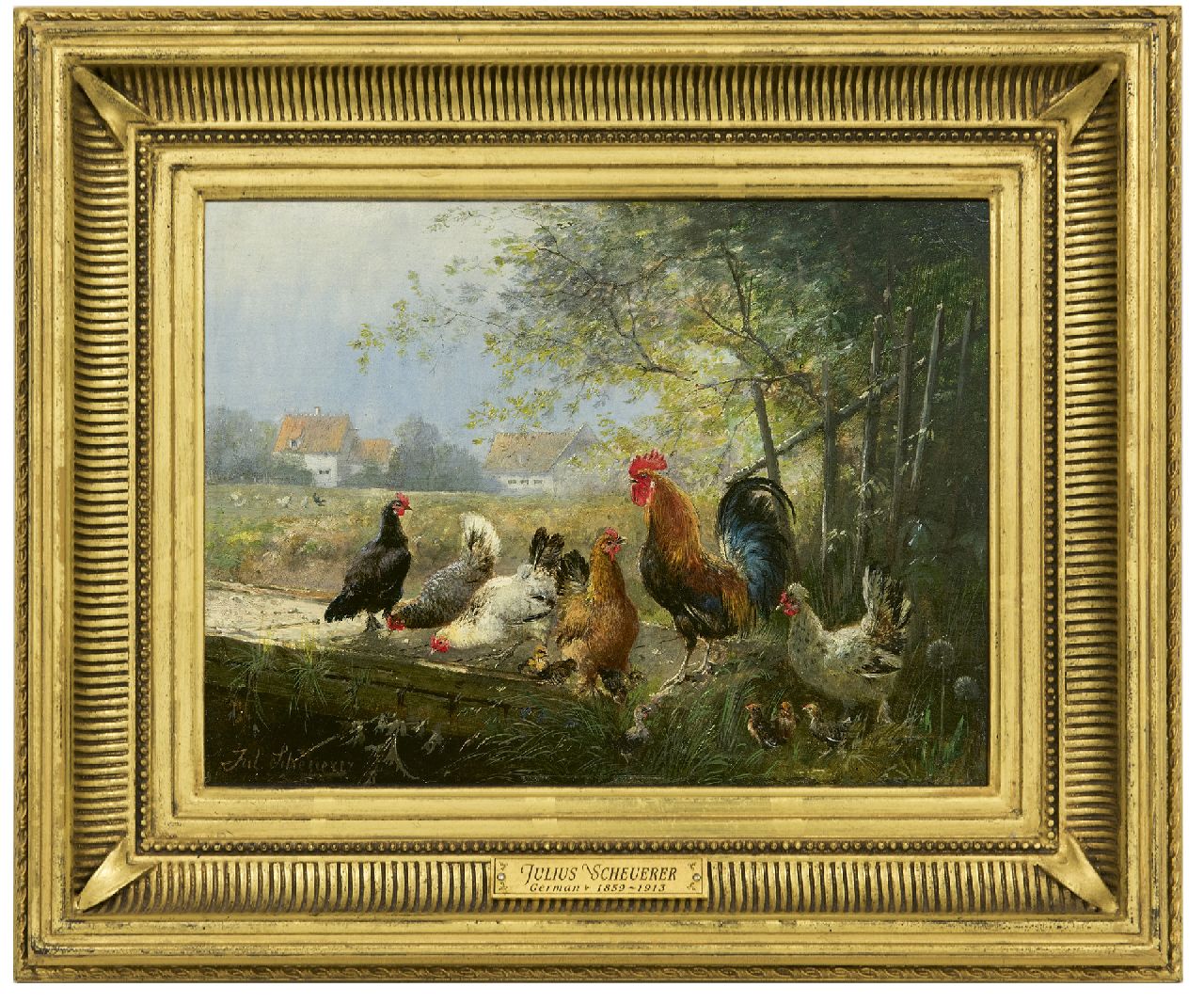 Scheuerer J. | Julius Scheuerer, Haan met zijn kippen, olieverf op paneel 18,7 x 24,4 cm, gesigneerd linksonder Scheuerer J. | Julius Scheuerer, Haan met zijn kippen, olieverf op paneel 18,7 x 24,4 cm, gesigneerd linksonder