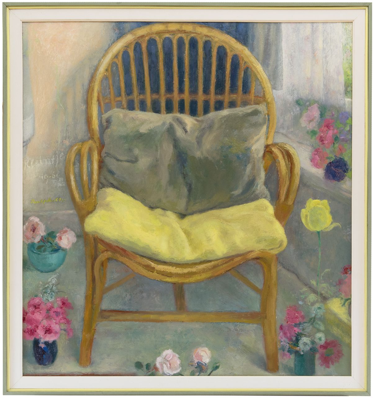 Schultze P. | Paulus 'Paul' Schultze | Schilderijen te koop aangeboden | De stoel in de serre, olieverf op board 69,3 x 64,3 cm, gesigneerd links van het midden en verso gedateerd 24 Juli '60 Schultze P. | Paulus 'Paul' Schultze | Schilderijen te koop aangeboden | De stoel in de serre, olieverf op board 69,3 x 64,3 cm, gesigneerd links van het midden en verso gedateerd 24 Juli '60