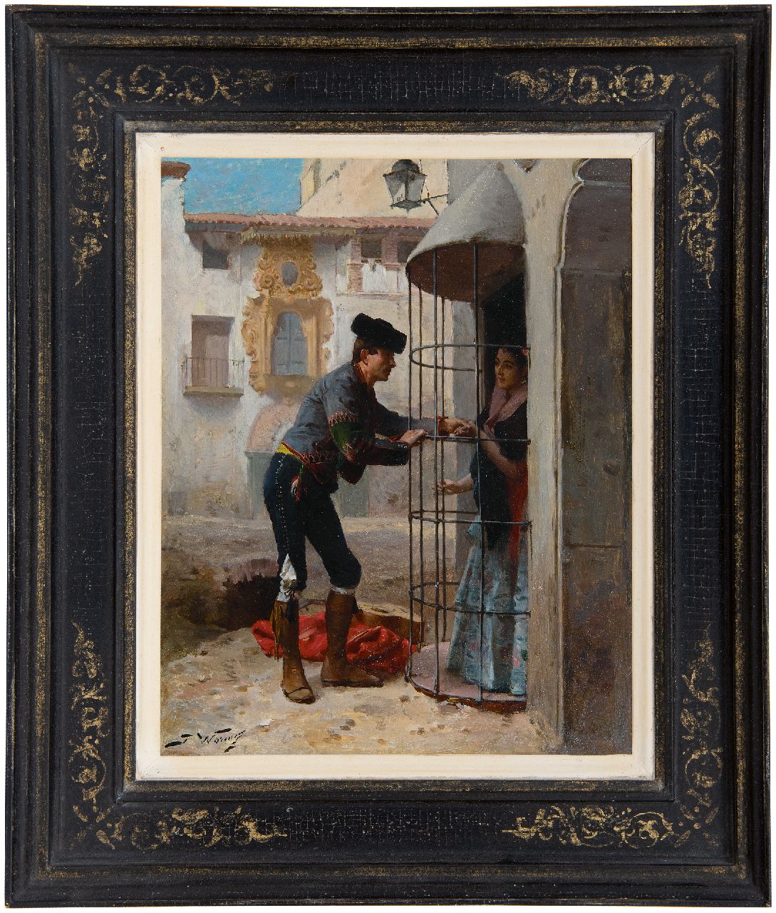 Worms J. | Jules Worms | Schilderijen te koop aangeboden | De verliefde torero, olieverf op paneel 27,0 x 21,8 cm, gesigneerd linksonder Worms J. | Jules Worms | Schilderijen te koop aangeboden | De verliefde torero, olieverf op paneel 27,0 x 21,8 cm, gesigneerd linksonder