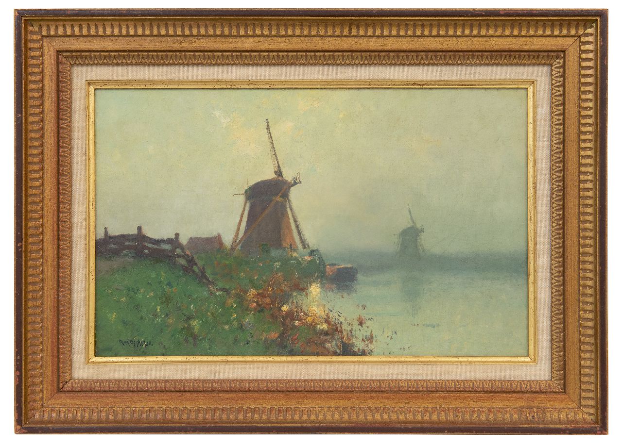 Dekker H.N. | Henricus Nicolaas 'Henk' Dekker, Molens in de ochtendnevel, olieverf op doek 26,8 x 43,2 cm, gesigneerd linksonder Dekker H.N. | Henricus Nicolaas 'Henk' Dekker, Molens in de ochtendnevel, olieverf op doek 26,8 x 43,2 cm, gesigneerd linksonder