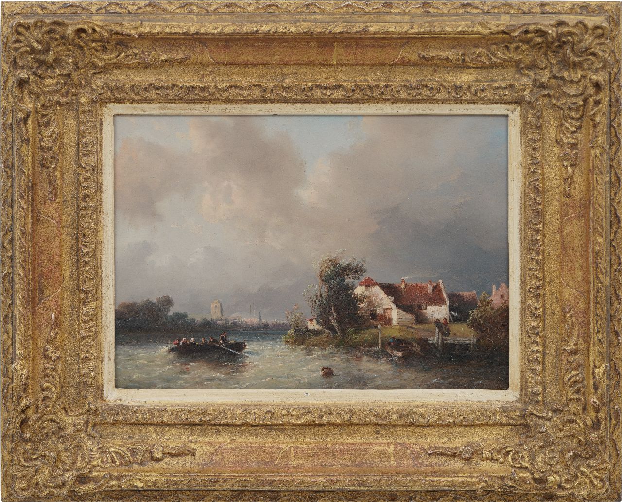 Verveer S.L.  | 'Salomon' Leonardus Verveer | Schilderijen te koop aangeboden | Veer op een woelige rivier, de Grote kerk van Dordrecht in de verte, olieverf op paneel 20,8 x 29,6 cm, gesigneerd rechtsonder en gedateerd '51