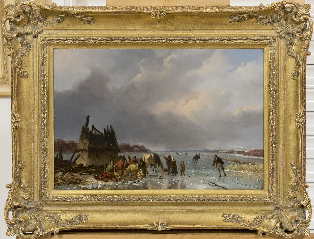 Roosenboom N.J. | Nicolaas Johannes Roosenboom, IJsgezicht met schaatsers bij een molenruïne, rechts een stoomtrein, olieverf op paneel 29,4 x 43,7 cm, gesigneerd rechtsonder en te dateren ca. 1850-1855 Roosenboom N.J. | Nicolaas Johannes Roosenboom, IJsgezicht met schaatsers bij een molenruïne, rechts een stoomtrein, olieverf op paneel 29,4 x 43,7 cm, gesigneerd rechtsonder en te dateren ca. 1850-1855