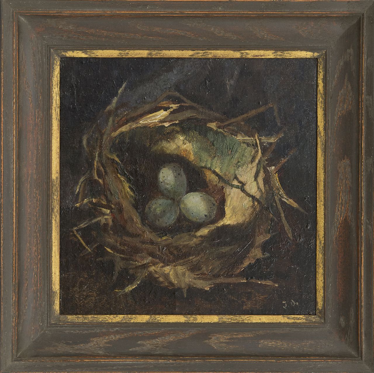 Bieruma Oosting A.J.W.  | Adriana Johanna Wilhelmina 'Jeanne' Bieruma Oosting, Het vogelnest, olieverf op papier op board 23,6 x 23,6 cm, gesigneerd rechtsonder
