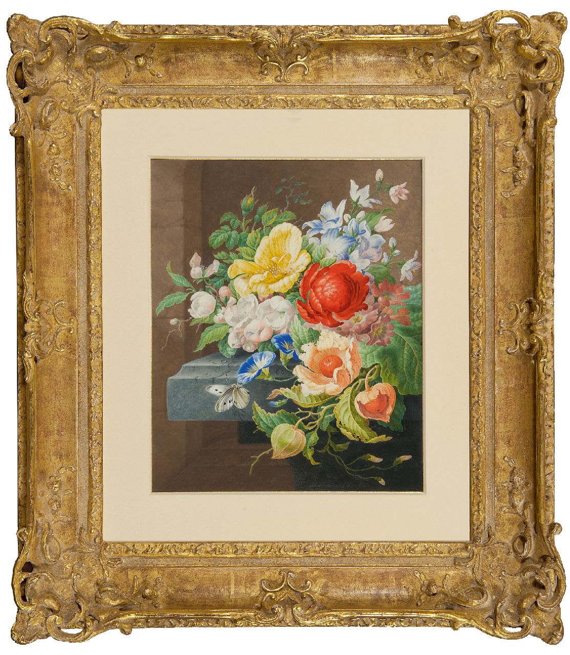 Henstenburgh H.  | Herman Henstenburgh | Aquarellen en tekeningen te koop aangeboden | Stilleven met bloemen en vlinder, aquarel op papier 31,0 x 25,5 cm, gesigneerd middenonder en te dateren ca. 1700